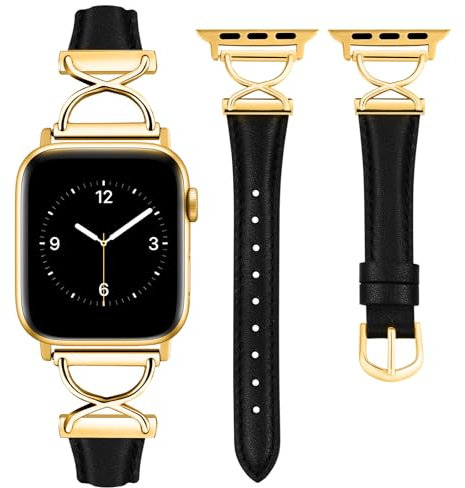 Wearlizer Lederarmband Kompatibel mit Apple Watch Armbänder 41/40/38/42mm Damen, Schlankes Elegant Dressy Armbänder mit X-Shape für iWatch Series 11 10 9 8 7 6 5 4 3 SE/Ultra 3 2 1, Schwarz/Gold