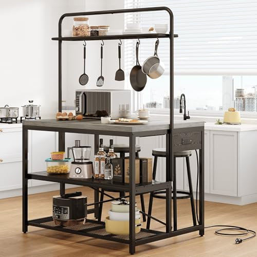 Jocoevol Isla de cocina con almacenamiento, estante para panaderos con toma de corriente, mesa de isla para cocina, estante de panaderos con almacenamiento, mesa grande de isla de cocina, mesa de bar