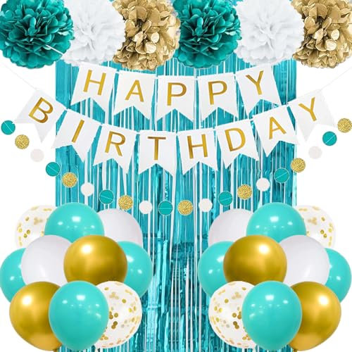 Teal Blue Geburtstag Dekoration, Geburtstagsdeko Türkis, Happy Birthday Banner Girlande, Tiffany Blue Gold Luftballons DIY Party Papier Pompoms Lametta Vorhang für Frauen Mädchen Geburtstag Deko Party