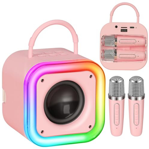 Spinosaurus Mini macchina per karaoke per bambini, microfoni wireless con altoparlante Bluetooth portatile, 2 microfoni e altoparlante con luce LED colorata, regalo di compleanno per ragazze dai 4