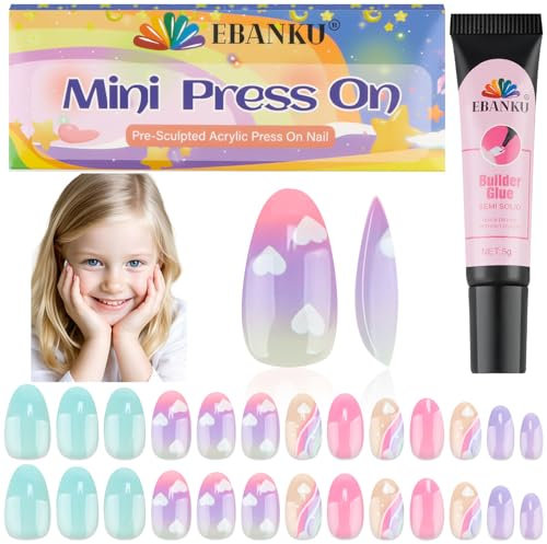 EBANKU 1 paquete de uñas postizas para niños, 26 piezas de uñas postizas para niños, cortas y coloridas, kits de artificiales para niñas.