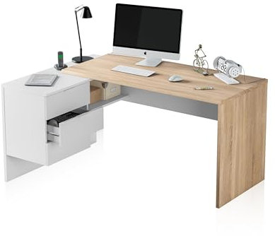 duehome | Escritorio con Cajonera, Mesa de Oficina, Modelo Office Work, Acabado en Blanco Artik y Roble Cananadian, Medidas: 145 cm (Largo) x 102 cm (Fondo) x 73 cm (Alto)