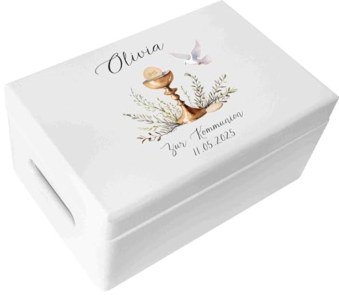 Creative Deco Weiß Personalisiert Kommunion Geschenke für Mädchen Jungen | Holzkiste | Kelch Motiv | Individuelle Geschenk Erinnerungsbox | Erstkommunion Deko