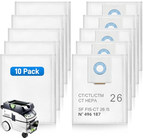 Confezione da 10 sacchetti filtro per aspiratori Festool CT 26/CTM 26 E/CTL 26 E Cleantec, sacchetti per aspirapolvere per Festool SC FIS-CT 26/5, usa e getta e di grande capacità