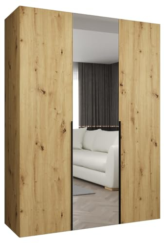 MEBLE KRYSPOL - Kleiderschrank mit Spiegel - Drehtürenschrank - Schrank 150 x 202 x 52 cm - Garderobenschrank Schlafzimmer, Flur, Jugendzimmer - Artisan Eiche, Griff Schwarz - Alicante 2