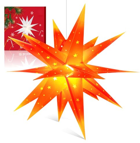 Sky angle 3D LED Weihnachtsstern Beleuchtet 45 cm mit Timer, Rot/Gelb | 20 warmweiße LEDs, Batteriebetrieb, 6h/18h Automatik – Weihnachtsdeko für Fenster, Baum, Balkon, Garten, Innen & Außen
