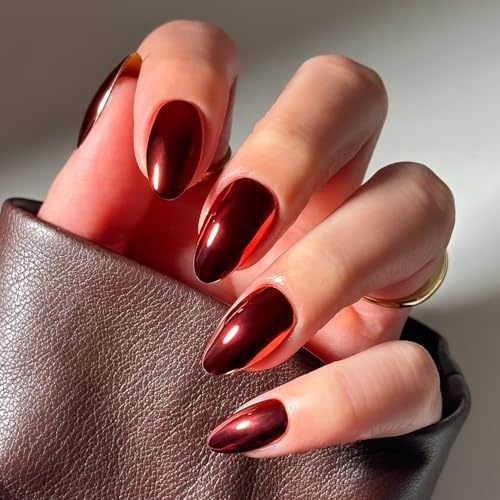 Glamnetic Press On Nails x Harry Potter™ - Godric Gryffindor™ | Short Almond Fake Nails with Red Metallic Chrome & Gradient Underside, Officially Licensed | 15 Sizes - 30 Nail Kit with Glue