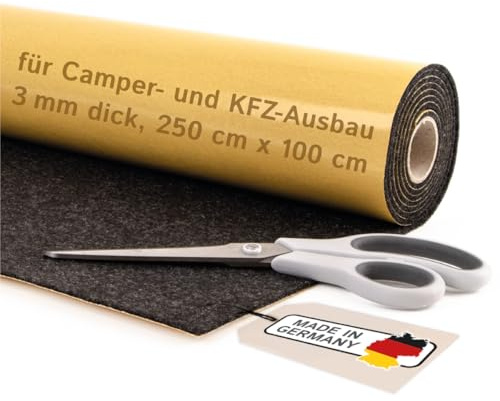 Selbstklebender Filz für Camper & Innenausbau – Meterware, Nadelfilz anthrazit, 250 x 100 cm, 3 mm dick – flexibel, isolierend - Made in Germany