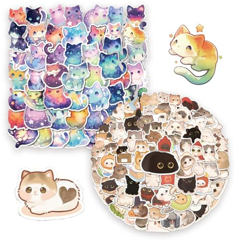 PLUSHCEWT 190 Stück Katzenaufkleber, Wasserfeste Cute Katzen Stickers | mit 50 Pp Sternenhimmel Katzensticker für Laptop, DIY Dekoration, Scrapbooking und Als Kreatives Geschenk