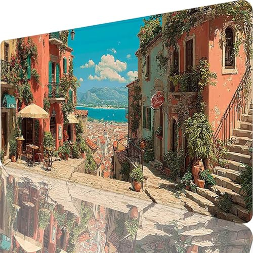 Gaming Mauspad Blau Mauspad XXL 1200 x 600 x 3 mm XXL Mousepad Kleine Stadt Mousepad Gaming Zubehör, Schreibtischunterlage Design Vernähte Kanten, Wasserdicht und Langlebig für Home Zimmer Deko l-9122