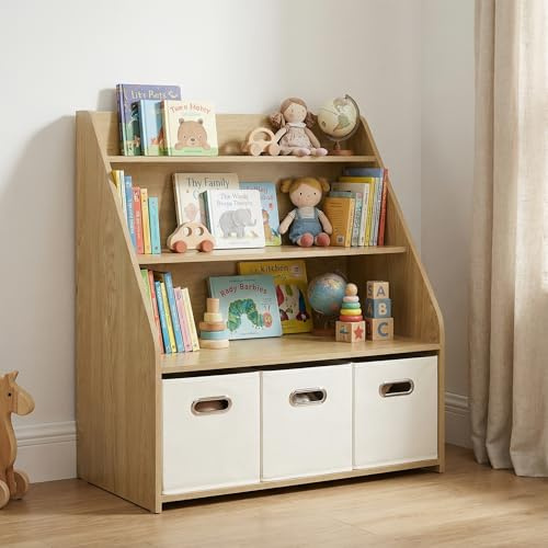EFURDEN Kinder Bücherregal aus Holz mit 3 herausnehmbaren Schubladen – 3-in-1 Spielzeug- & Bücherregal für Kinderzimmer & Spielzimmer, stabiles Montessori Aufbewahrungsregal