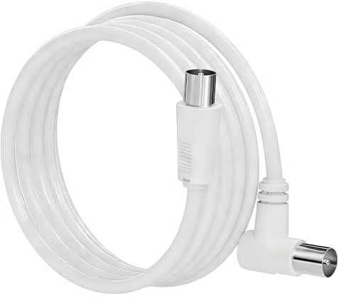 LifgWas Cable de Antena TV 3 Metros, Cable Coaxial Blanco para Televisión Digital, con Conectores F Rectos y en Ángulo, Compatible con TDT, Satélite y Cable (DVB-T2/C/S2), Cable de Baja Pérdida
