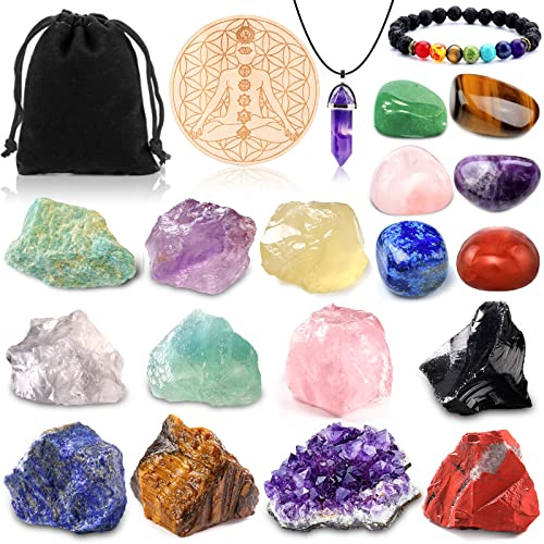 Purpledi 21pcs Ensemble de Cristaux de Guérison naturels, Pierre Brute Brute Naturelle pour Kits de Guérison en Cristal, 7 Pierres de Chakra, pour Guérison, Méditation, Cadeau Spirituel (A)