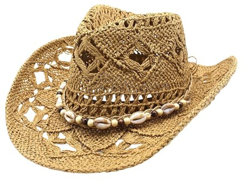 Boho Cowboy Sun Hat for Women - UPF 50+ Foldable Wide Brim Straw Hat, Western Style Beach Hat for Summer Vacations & Countryside Trips