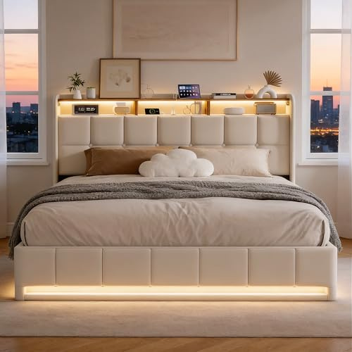 BRILVERDE Polsterbett 140x200 mit Stauraum, Doppelbett mit LED/USB, Bettgestell mit Lattenrost und Kopfteil, Jugendbetten für Erwachsene und Jugendliche, Leinen (Beige, 140 x 200 cm)