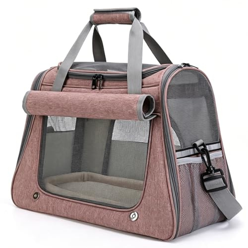 Bärväska, ventilerande kattväska, vikbar, liten hund, transportväska med axelrem för bil, resor, flygplan upp till 9 kg (45 x 23 x 35 cm, rosa)
