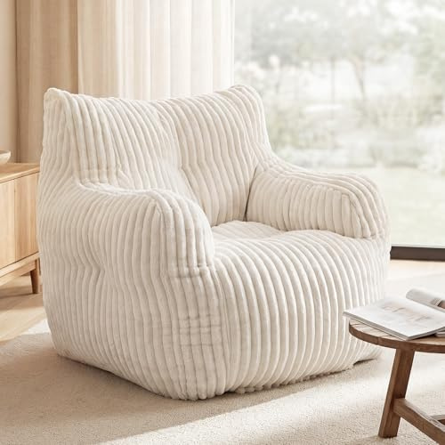 DEKKETO Sitzsack Erwachsene XXL mit Füllung, Ergonomischer Lesesessel aus Weichem Cordstoff, Memory-Schaum Bean Bag für Wohnzimmer und Schlafzimmer, 100x94x70 cm, Beige