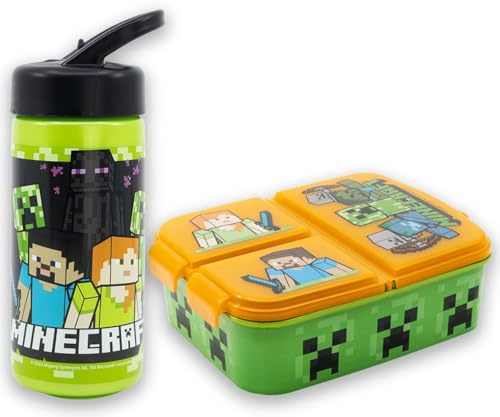 MARUKATSU Minecfrat Set Sandwichera Infantil con Compartimentos y Botella 410ml para Niños y Niñas | Fiambrera Escolar + Botella Reutilizable |
