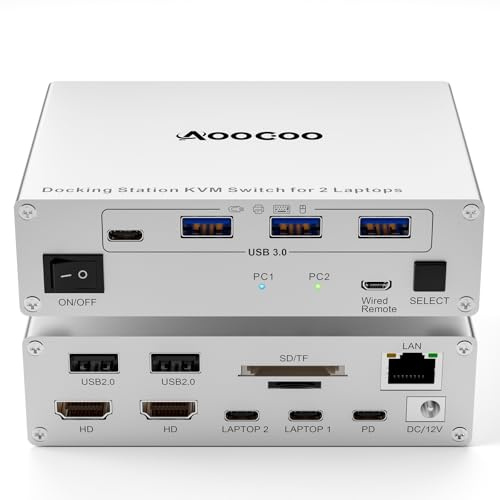 Docking Station KVM Switch 2 monitor, 2 laptop, 4K USB C HDMI KVM Dual Monitor, 2 porte USB C MST, 100W PD per 2 laptop, 1G Ethernet, 4K @ 60Hz, ideale per home office e gaming