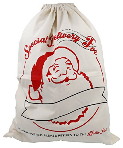 TRIXES Großer Weihnachtsmannsack - Weiß, Robuster Geschenksack aus Baumwolle - mit rotem Aufdruck und Platz zur Individualisierung - Traditionelle Weihnachtsgeschenktüte - Sankt Nikolaus