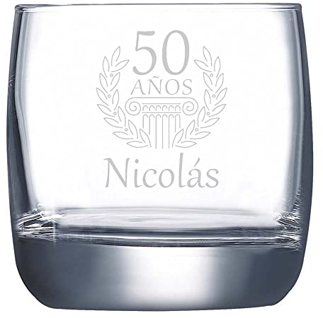 Regalo personalizado para cumpleaños: vaso de whisky grabado con su nombre y edad