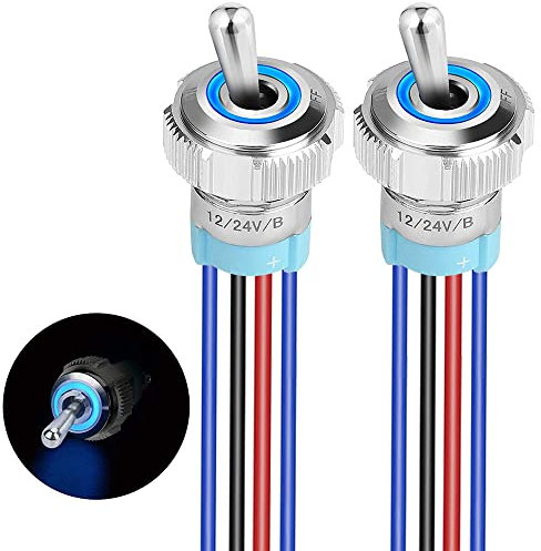 Gebildet 2pcs 16mm Vorverdrahteter Wippschalter 12V-24V, SPST EIN/AUS LED Kippschalter, Wasserdicht IP67 Elektrischer Kippschalter Silber Chrom Messing Metall für Auto Marine Armaturenbrett (Blau)