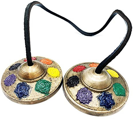 Tingsha (campana tibetana). Crótalo hecho a mano. Artesanía India. Diseño chakras esmaltados con sus colores. Platillos para meditación, sanación, atención plena, reiki o relajación.