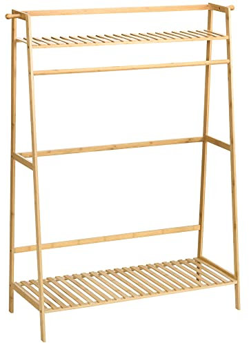 HOMCOM Portant à vêtements penderie porte-manteau avec 2 étagères 2 crochets et 1 barre de suspension en bambou - dim. 114L x 40l x 139H cm naturel