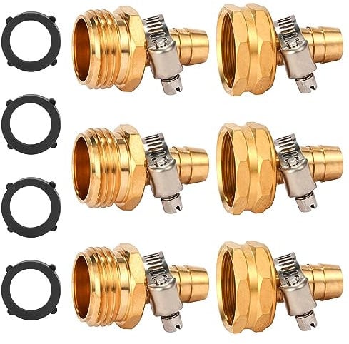 Sanpaint,Brass Garden Hose Connector Repair Mender Kit with Stainless Clamp,Fits 1/2 Water Hose Fitting,3 Sets(1/2 Barb x 3/4 GHT)