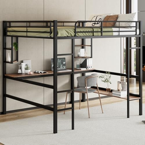 Huayz Hochbett Metall 140x200 cm, für Kinder, Jugendliche und Erwachsene, Metallbett Etagenbett mit Schreibtisch und Regal (Schwarz, 140×200cm)