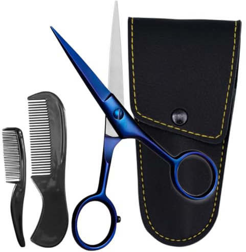 ONTAKI Forbici professionali per barba e baffi da 12,7 cm, in acciaio tedesco, con 2 pettini e custodia per il trasporto dei baffi, forgiate a mano, con bordo smussato di precisione, kit per la cura