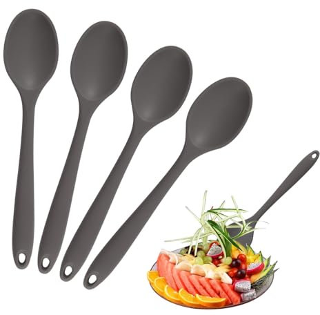 AUTUUCKEE 4 Pcs Silicone Spoons, Heat-Resistant Large Serving Spoons, Non-Stick Cooking Spoons, Silicone Spoons for Cooking Baking Stirring, Scooping and Mixing (Black 27.5 * 6 cm)