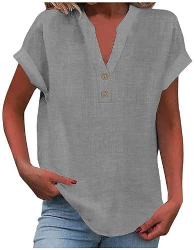 KOG Leinenbluse Damen Elegante Baumwolle Leinen Tshirt Leinenshirt Lose Kurzarm Blusen Frau Longshirt Oversized Tee T-Shirt Teenager Mädchen Freizeit Longbluse Leinenhemd Große Größen Bluse Oberteile