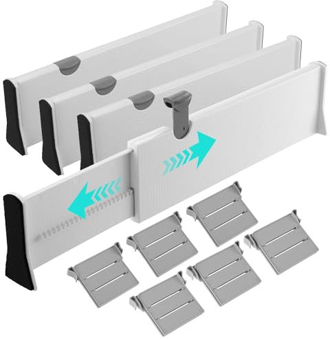 Separadores De Cajones de plástico ajustables (paquete de 4), longitud ajustable de 37,5 a 54 cm, altura de 10 cm, 6 separadores, Separador Cajones adecuados para tocadores, oficinas, etc (blanco)