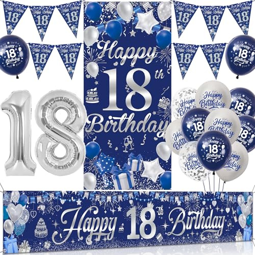 Tasoraor 18 Geburtstag Deko Junge Set - Blau Silber Geburtstagsdeko mit Große Happy 18 Birthday Banner, Konfetti Ballons Wimpel und XXL Zahlen Luftballon für 18 Geburtstag Dekoration
