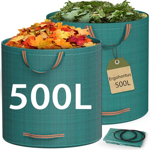 Ergohortus Garden Waste Bags Heavy Duty, 500L x 2 Garden Sacks with Handles | Reusable Industrial-Grade Fabric Recycling Garden Bags for Leaves, Trash, Debris, Garden Rubbish Bags Waterproof