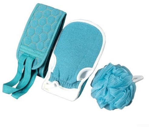 CYRENT Peeling-Duschbad-Werkzeug-Set, 3-teilig, inkl. Scheuerschwamm, Massagehandschuh, Rückenbürste für Tiefenreinigung, sanfte Hauterneuerung für Männer und Frauen, für den täglichen Gebrauch (blau)