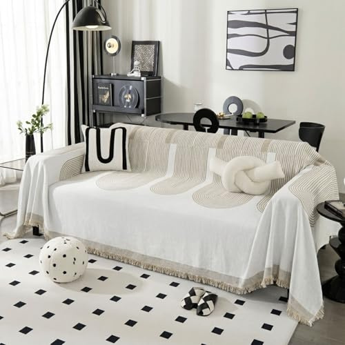 AOOTE Boho-Couchbezug,180 x 300 cm Chenille-Couchbezug, Böhmische Sofa-Schonbezüge,Waschbar,Sofabezug für Sektionalsofa, Zweisitzer, 2-, 3-Sitzer, Futon,Haustierfreundlich (Beige)