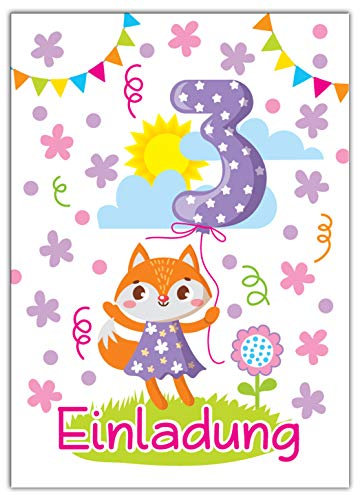 JuNa-Experten 12 Einladungskarten 3. Kindergeburtstag Mädchen Tiere dritte Geburtstag Geburtstagseinladungen Einladungen Geburtstags-Party Kartenset Fuchs