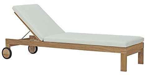 Modway Upland Teak Wood Outdoor Patio Chaise Lounge Chair with Cushions in Natural White