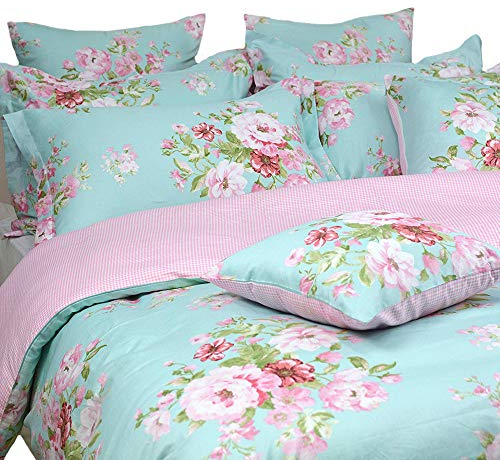 FADFAY Bettwäsche-Set, Shabby Floral, rosafarbenes Gittermuster, Baumwolle, Landhaus-Bettwäsche mit verstecktem Reißverschluss, 3-teilig, 1 Bettbezug und 2 Kissenbezüge, Queen-Size-Größe