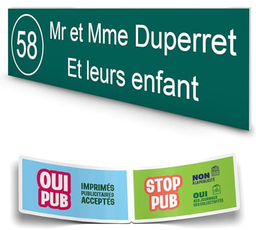 DECOHO - Plaque boite aux lettres personnalisée adhésive - vert foncé lettres blanches - 100x25 mm + stickers STOP PUB offerts - Vert
