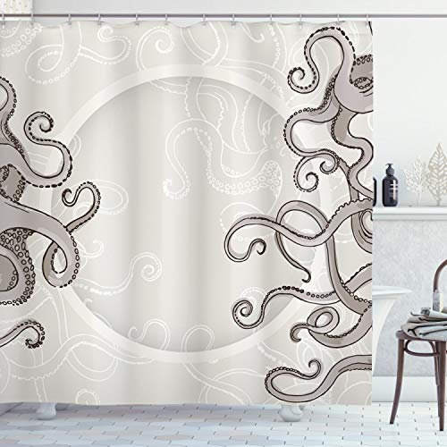ABAKUHAUS Krake Duschvorhang, Fisch Octopus Rund, Stoffliches Gewebe Badezimmerdekorationsset mit Haken, 175 x 200 cm, Staub Taupe