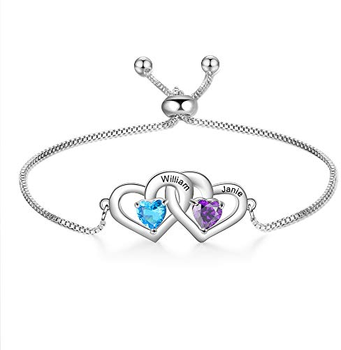 Personalisiert Silber Charme Armband zum Frau Mädchen 2 Liebe Unendlichkeit Armbänder Kubisch Zirkonia Kristall Einstellbar Kette Angepasst Geschenke 2 Simuliert Geburtsstein Graviert 2 Name Armbänder