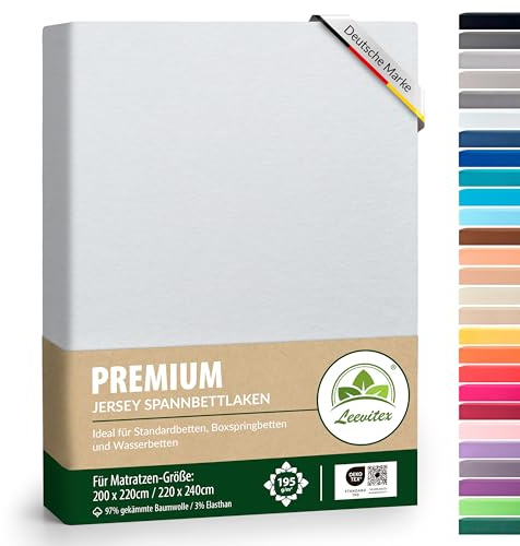leevitex® Premium Wasserbett & Boxspringbett Spannbettlaken | Spannbetttuch | 200 x 220 bis 220 x 240 | 97% Mako-Jersey-Baumwolle | 3% Elastan | Weiß | 195 g/m²