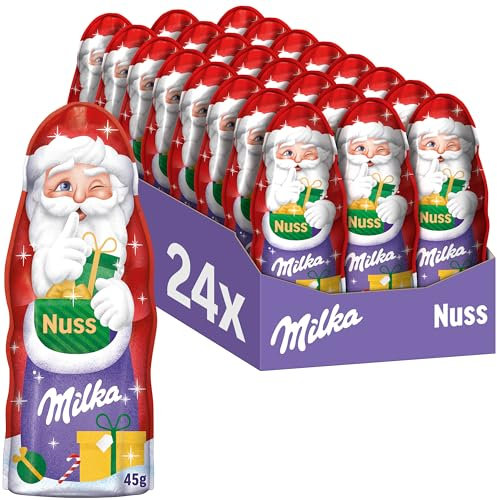 Milka Weihnachtsmann Nuss 24 x 45g I Schoko Weihnachtsmann Großpackung I Weihnachtsschokolade aus 100% Alpenmilch mit Haselnuss