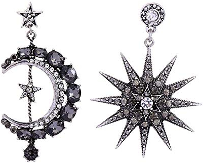 HMOOY Bohemian Mond Stern Asymmetrische Ohrringe Kreolen Kristall Mond und Sonne Tropfen Ohrringe Lange Retro Exquisit Punk Stil Zubehör Schmuck für Frauen Mädchen, Metall