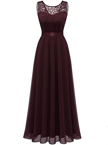Berylove Damen Abendkleid Elegant Cocktailkleid Lang Brautjunferkleid Chiffon Spitzen Kleid Hochzeit Party Burgund BLP7025 Burgundy S