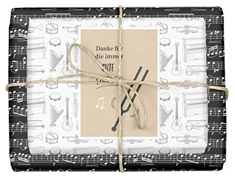 dabelino® Geschenkpapier Musik für Musiker - Musiknoten/Instrumente: 4x Bögen + 1x Karte (Geburtstag, Weihnachten, Musiklehrer, Klavier, Gitarren, Geige, Schlagzeug, Notenblatt-Design)