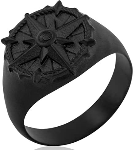 Akitsune Guidance Ring | Kompass Karte Nord Nautisch Ring Herren Edelstahl Designer Mattschwarz - US 7